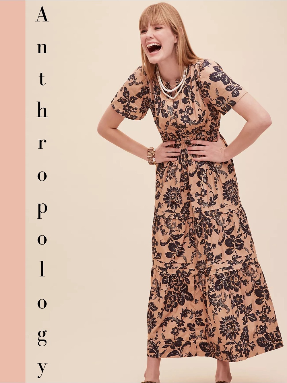 Anthropologie Tan Maxi Dress with Black Floral Motif